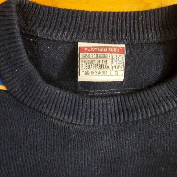 VINTAGE Platinum Fubu Sweater Mens XL Blue Acrylic Hip Hop Y2K Elbow Pads Knit - Picture 5 of 7